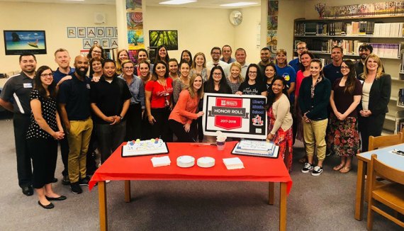 Lemoore Liberty School staff gathers to celebrate their selection as a 2018 Educational Results Partnership (ERP) Honor Roll School, sponsored by the Campaign for Business and Educational Excellence.